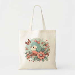 Speelse Blauwe Vogel met Bloemen en Vlinder Tote Bag
