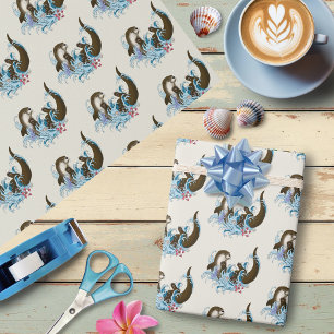 Speelse Blauwe Whimsical Rivierotter Spat Schattig Cadeaupapier