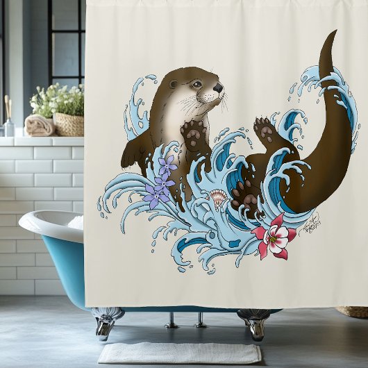 Speelse Blauwe Whimsical Rivierotter Spat Schattig Douchegordijn