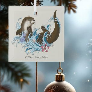 Speelse Blauwe Whimsical Rivierotter Spat Schattig Glas Ornament