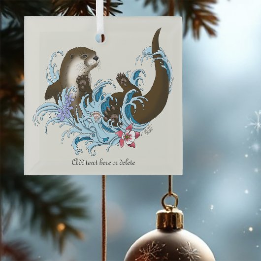 Speelse Blauwe Whimsical Rivierotter Spat Schattig Glas Ornament