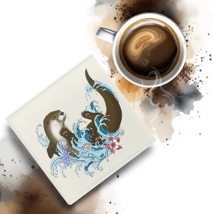 Speelse Blauwe Whimsical Rivierotter Spat Schattig Glazen Onderzetter