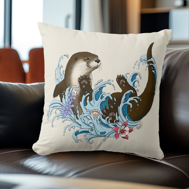 Speelse Blauwe Whimsical Rivierotter Spat Schattig Kussen (Creator heeft geüpload)