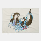 Speelse Blauwe Whimsical Rivierotter Spat Schattig Theedoek (Horizontaal)