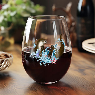 Speelse Blauwe Whimsical Rivierotter Spat Schattig Wijnglas Zonder Voet