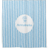 Speelse Blauwe Witte Streep Preppy Monogram Douchegordijn (Voorkant)