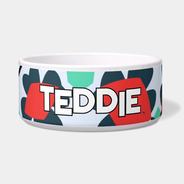 Speelse Blauwgroen & Rode Bloemen Pet Voerbakje (Voorkant)