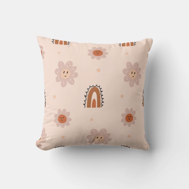 Speelse Bloemen en Regenboog Patroon Kussen (Voorkant)