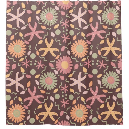 Speelse bloemen en zeesterren op chocolade bruin douchegordijn (Voorkant)