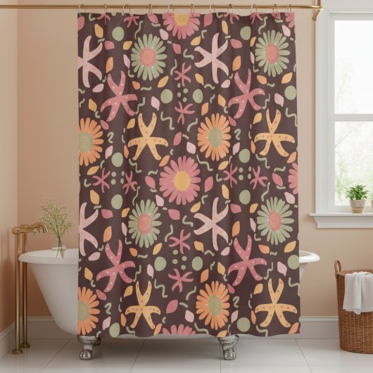Speelse bloemen en zeesterren op chocolade bruin douchegordijn