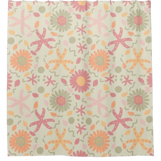 Speelse bloemen en zeesterren op crème douchegordijn (Voorkant)