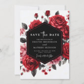 Speelse Bloemenkarmozijnrode bruiloft Save The Date (Voorkant)