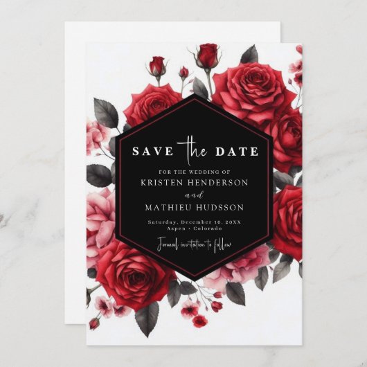 Speelse Bloemenkarmozijnrode bruiloft Save The Date (Voorkant / Achterkant)