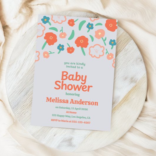 Speelse bloemige babyshower uitnodiging