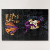 Speelse Blonde Heks Pompoen Paarse Fantasie Legpuzzel (Horizontaal)