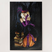 Speelse Blonde Heks Pompoen Paarse Fantasie Legpuzzel (Verticaal)