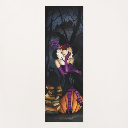 Speelse Blonde Heks Pompoen Paarse Fantasie Yogamat (Voorkant)