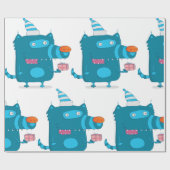 Speelse Blue Cartoon Monster met Party Pet Cadeaupapier (Vlak)