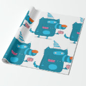 Speelse Blue Cartoon Monster met Party Pet Cadeaupapier (Uitgerold)