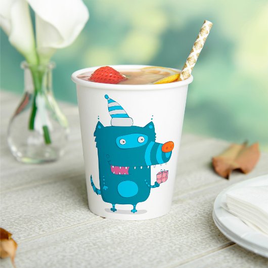 Speelse Blue Cartoon Monster met Party Pet Papieren Bekers
