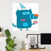 Speelse Blue Cartoon Monster met Party Pet Poster (Thuiskantoor)