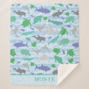 Speelse Blue Green Ocean Life Design Sherpa Deken