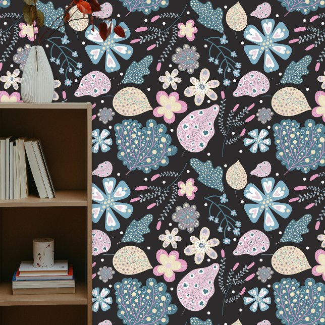 Speelse Boho Folk Art Pastel Bloemen en bladeren Behang (Creator heeft geüpload)