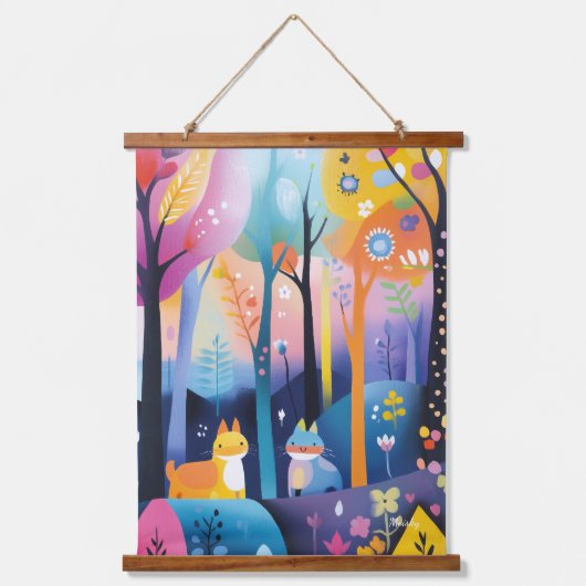 Speelse bosdieren illustratie hangend wandkleed (Voorkant)