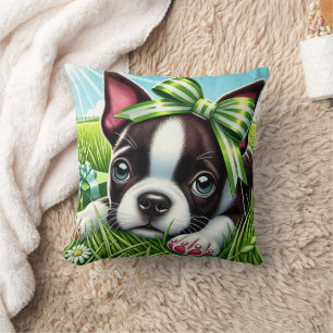 Speelse Boston Terrier Puppy met groene boog Kussen