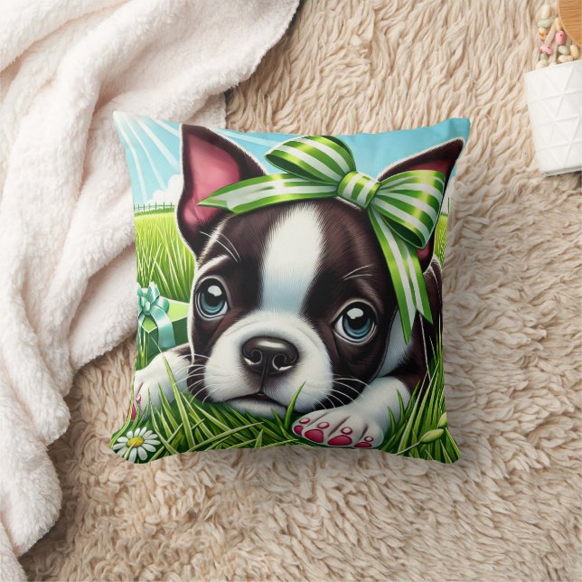 Speelse Boston Terrier Puppy met groene boog Kussen (Deken)