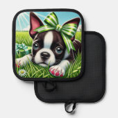 Speelse Boston Terrier Puppy met groene boog Pannenlap (Voorkant / Achterkant)