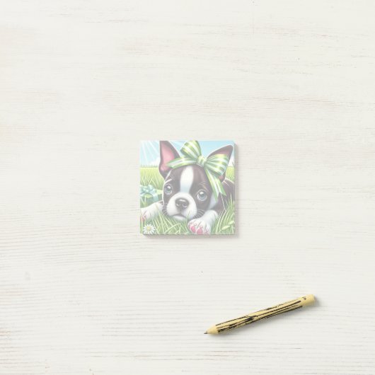 Speelse Boston Terrier Puppy met groene boog Post-it® Notes (Op bureau)