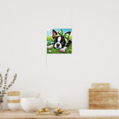 Speelse Boston Terrier Puppy met groene boog Poster (Keuken)