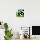 Speelse Boston Terrier Puppy met groene boog Poster (Thuiskantoor)