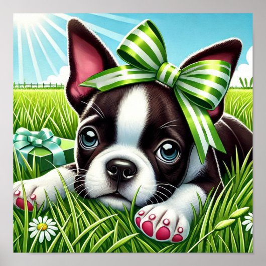 Speelse Boston Terrier Puppy met groene boog Poster (Voorkant)