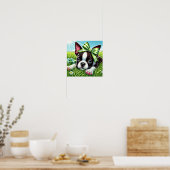 Speelse Boston Terrier Puppy met Groene Strik Poster (Keuken)