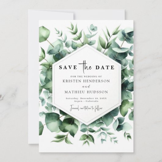 Speelse botanische eucalyptus digitale bruiloft save the date (Voorkant)