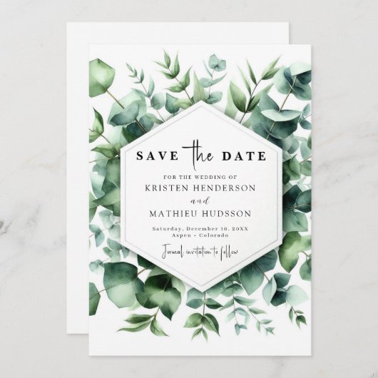 Speelse botanische eucalyptus digitale bruiloft save the date (Voorkant / Achterkant)