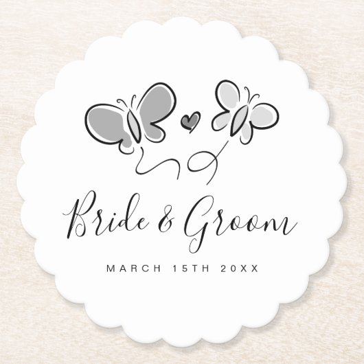 Speelse bruiloft onderzetters met leuke vlinder pr (Voorkant)