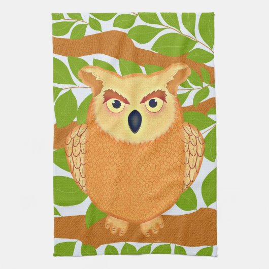 Speelse Bruine Uil Vogel Woodland Illustratie Theedoek (Verticaal)