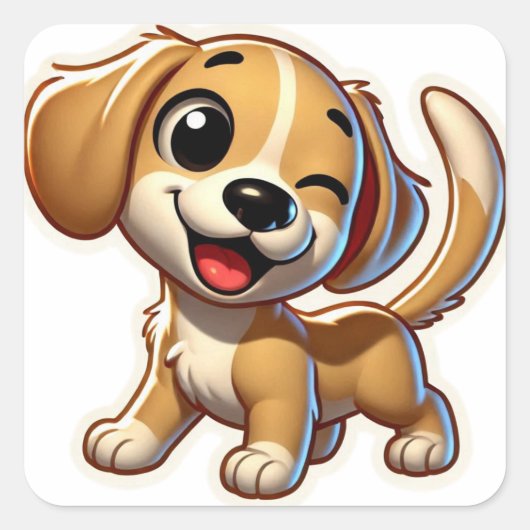Speelse Bruine Witte Cartoon Puppy Vierkante Sticker (Voorkant)