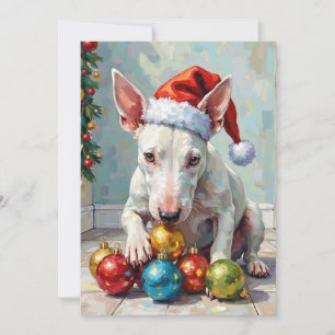 Speelse Bull Terrier-hond die Kerstmis bewaakt Feestdagenkaart