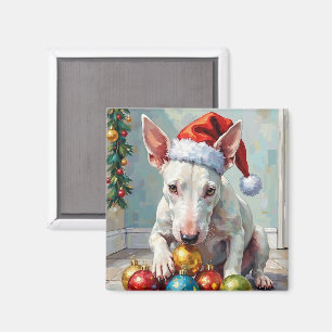 Speelse Bull Terrier-hond die Kerstmis bewaakt Magneet