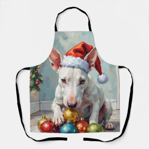 Speelse Bull Terrier-hond die Kerstmis bewaakt Schort