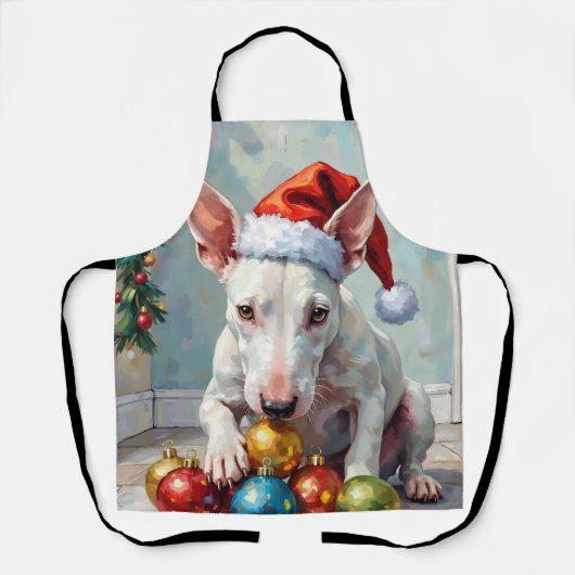 Speelse Bull Terrier-hond die Kerstmis bewaakt Schort (Voorkant)