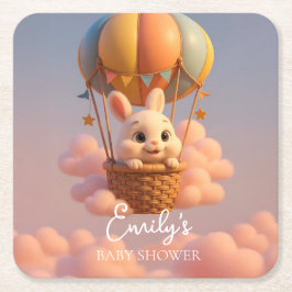 Speelse Bunny Hete Luchtballon met Roze Wolken Kartonnen Onderzetters