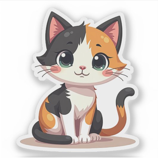 Speelse Calico Cat – Kawaii Chibi Style Sticker (Voorkant)