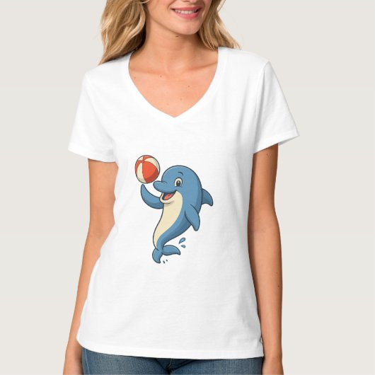 Speelse Cartoon Dolfijn met Strandbal T-shirt (Voorkant)