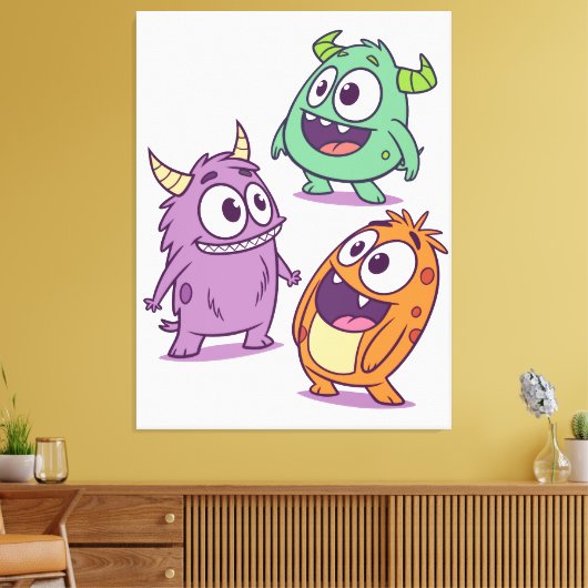 Speelse Cartoon Monsters – Knuffel Karakter Met Gr Canvas Afdruk (Insitu (Woonkamer))