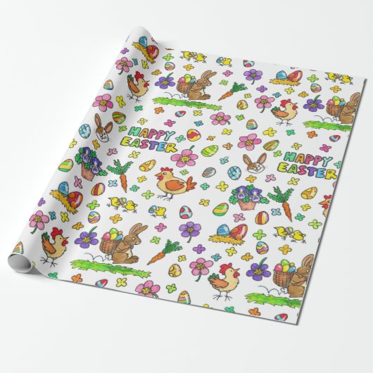 Speelse Cartoon Paaspatroon Cadeaupapier (Uitgerold)